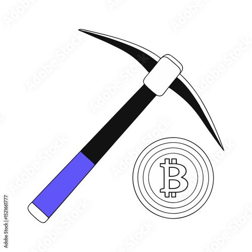 Bitcoin mining pickaxe and cryptocurrency coin illustration