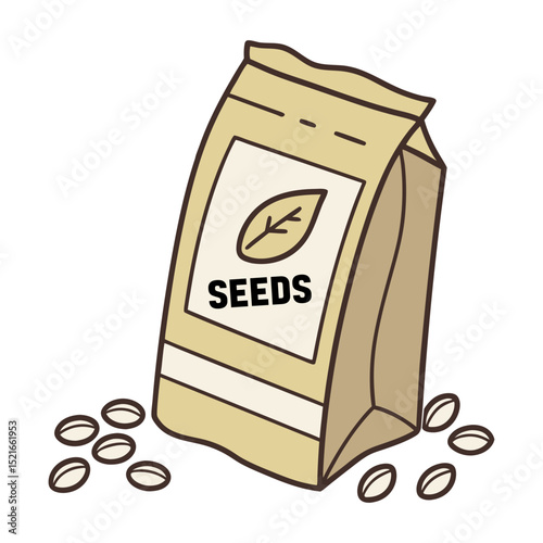 Illustration of a bag of seeds with spilled seeds