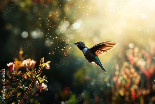 Hummingbird Hovering Near Vibrant Flowers in Soft Golden Light During Afternoon.