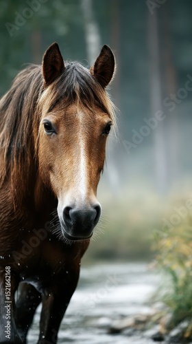 Majestic brown horse walking through a misty forest stream during early morning light