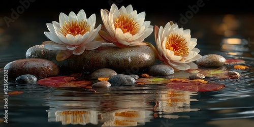 Water lilies bloom on a serene pond surrounded by smooth stones and scattered leaves during a tranquil afternoon
