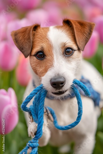 Dog With Leash Among Pink Tulips in Vibrant Garden During Spring Season
