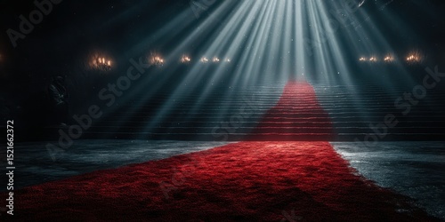 Mysterious entrance with red carpet leading up an ancient staircase illuminated by beams of light