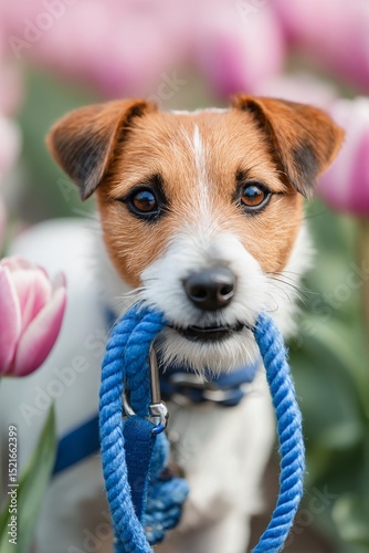 Dog With Leash Among Pink Tulips in Vibrant Garden During Spring Season.
