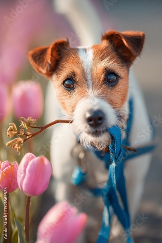 Dog Carrying Blue Leash Among Blooming Pink Tulips in Vibrant Spring Garden.