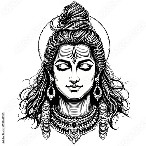 Detailed black and white illustration of a serene hindu deity with traditional jewelry and hairstyle