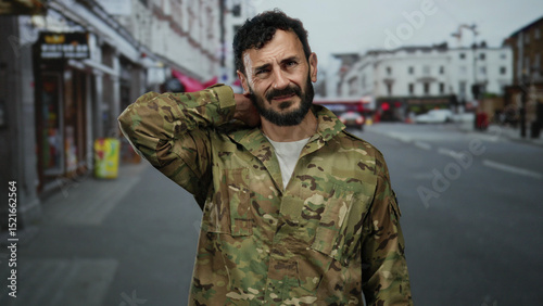 Hispanic military man with beard in uniform stands outdoors on a busy street looking pained while rubbing his neck.