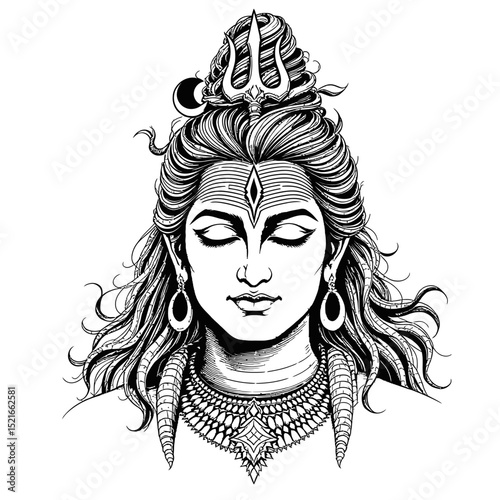 Intricate black and white drawing of meditative divine figure with spiritual and cultural elements