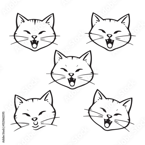 Five cute cartoon cat faces with varying expressions