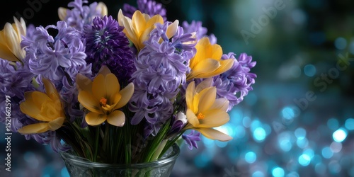 Beautiful spring flowers in a glass vase with colorful background sparkles
