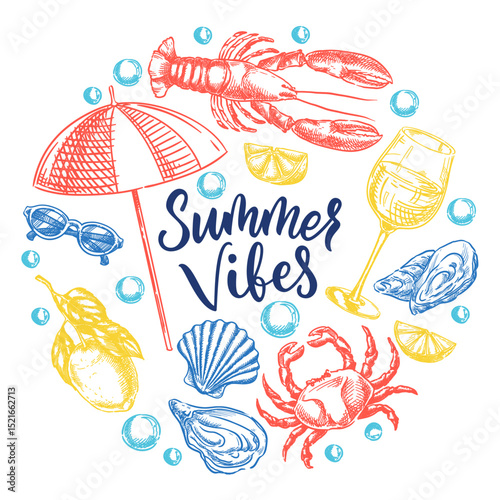 Summer vibes calligraphy with Mediterranean elements lobster, lemon, wine, umbrella. Vector sketch for print design