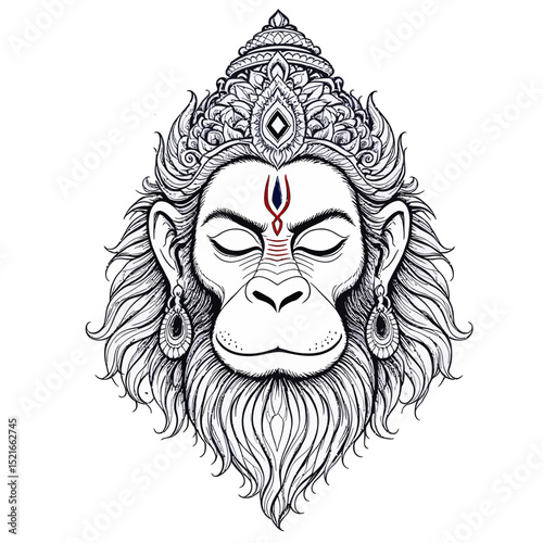 Detailed artistic sketch of a meditative hanuman face with intricate traditional elements and spiritual symbols