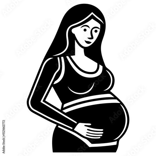 Black and white illustration of a pregnant woman holding her belly