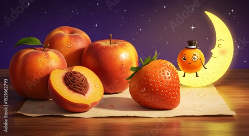 Whimsical Fruits and Moon Illustration with Gentle Lighting