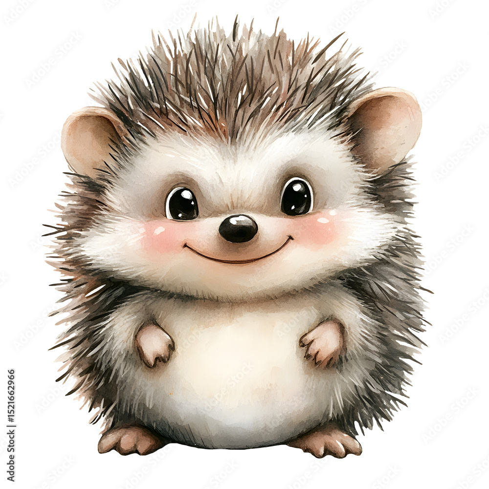 Fototapeta premium Cute baby hedgehog in a sitting position with adorable features and playful expressions. Animal character with smiling face and big eyes. Watercolor illustration isolated on transparent background.