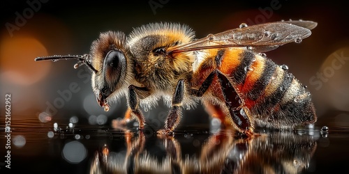Close-up view of a honeybee on a reflective surface with water droplets against a blurred background