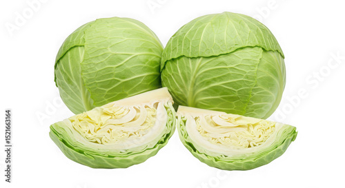 Two whole cabbages and two cabbage wedges on a transparent background close up view
