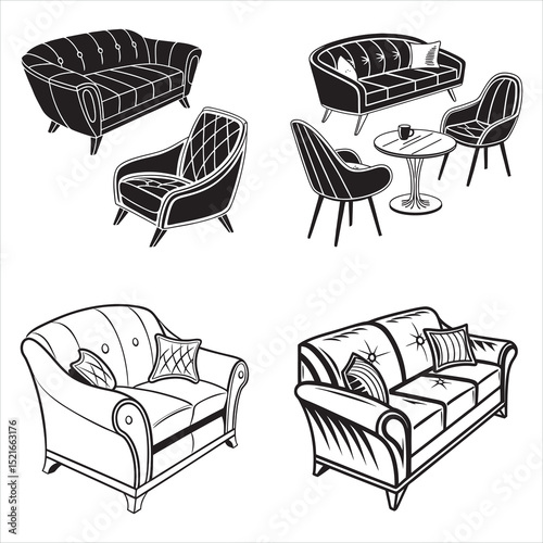 Four Stylish Armchair Designs in Vector Illustration