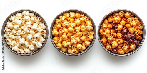 Colorful popcorn varieties in metal bowls arranged on a clean surface
