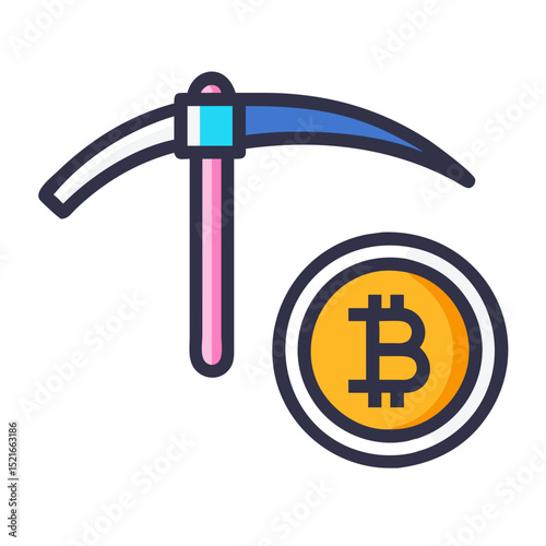 Bitcoin mining pickaxe and cryptocurrency coin icon illustration