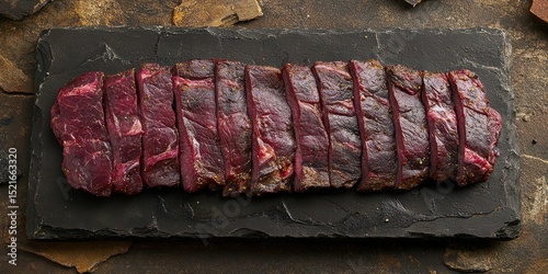 Slices of grilled beef displayed on a rustic stone surface highlighting succulent texture and deep color