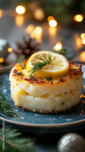 Delicious lemon-flavored potato dish served on a blue plate with festive lights in the background during a cozy dinner setting