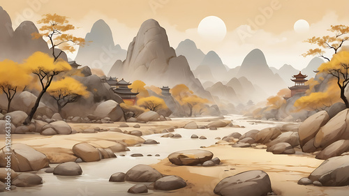 Weathered riverbed stones, warm browns and soft yellows, traditional Chinese landscape painting style (Shanshui), with subtle atmospheric perspective and distant mountains.