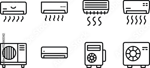 A collection of eight simple black and white line drawing icons of various air conditioning units designs