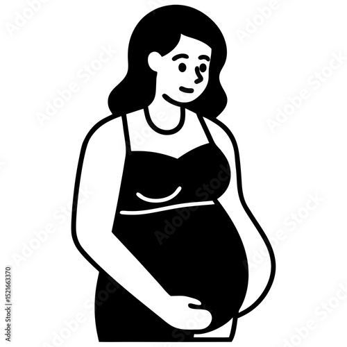 Happy pregnant woman in simple black dress silhouette illustration
