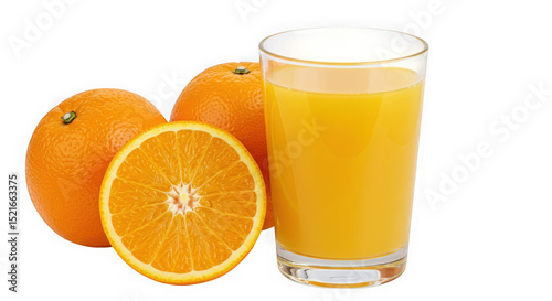 Still life composition of oranges and a glass of orange juice on transparent backdrop