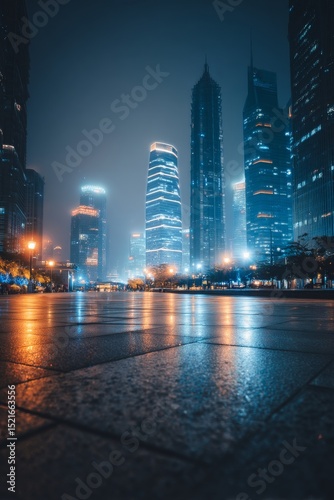 City Skyline at Night With Glowing Skyscrapers and Reflective Pavement in Vib...