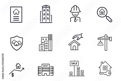 Real estate line vector icons set. Icons related to house, kitchen, bedroom, bathroom realty, property, mortgage, home loan. Vector illustration