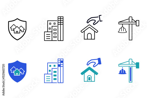 Real estate solid line vector icons set. Icons related to house, kitchen, bedroom, bathroom realty, property, mortgage, home loan. Vector illustration