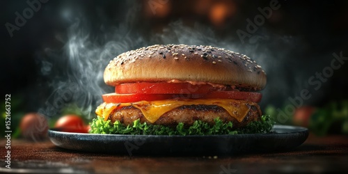 Delicious grilled burger with cheese, fresh vegetables, and smoky aroma served on a black plate