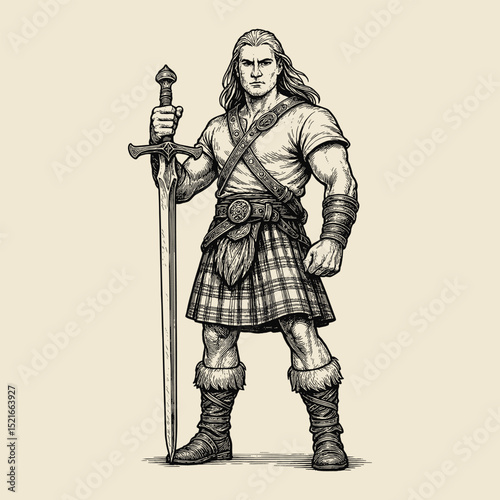Scottish warrior with sword engraving vector illustration

