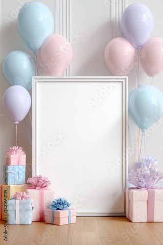 Colorful Balloons and Gifts Surround a Blank Picture Frame for a Festive Cele...