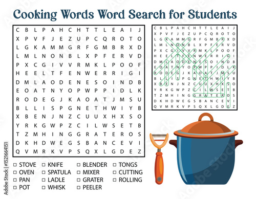 Cooking Word Search Puzzle for Students with Kitchen Utensils Illustration and Solution
