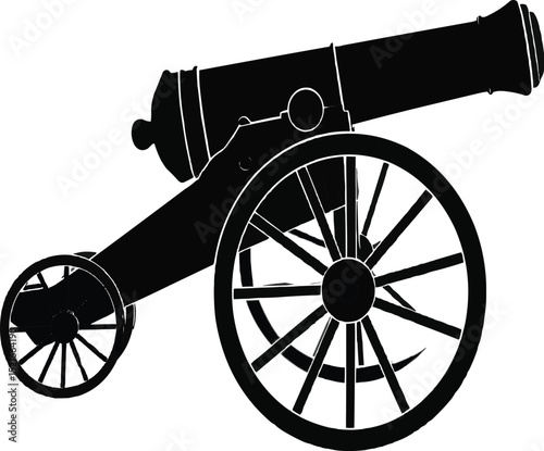 A black silhouette of a cannon with wheels against a white background in a simple illustration on transparent background