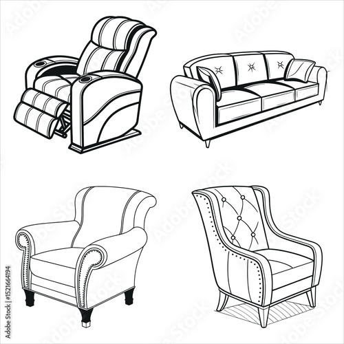 Four Stylish Armchair Designs in Vector Illustration
