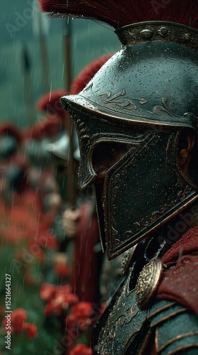 Warrior in ancient armor stands under rain amidst red flowers in a historical battlefield setting
