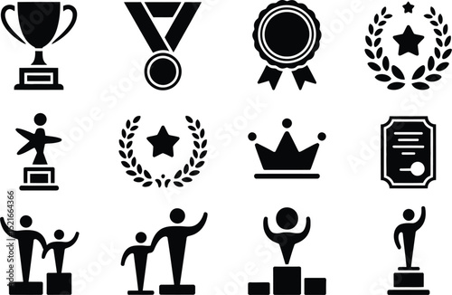 A collection of black and white icons representing achievement success and recognition symbols set