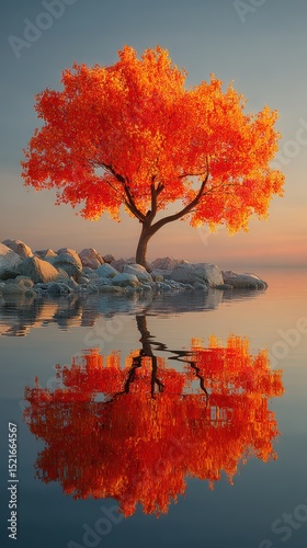 Vibrant orange tree reflects beautifully in calm water during sunset near rocky shoreline