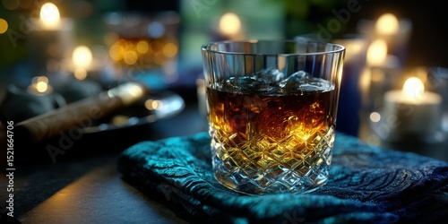 Cozy evening with whiskey and candles creates a warm ambiance in a dimly lit setting