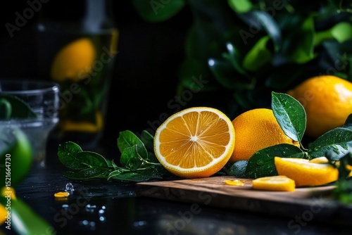 Freshly Cut Lemons With Green Leaves on a Dark Wooden Surface in a Kitchen Se...