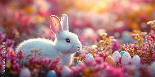 White rabbit exploring colorful Easter eggs among blooming flowers during springtime in a vibrant garden
