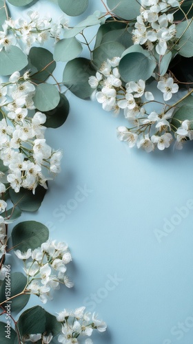Delicate White Flowers and Eucalyptus Leaves Arranged on a Soft Blue Backgrou...
