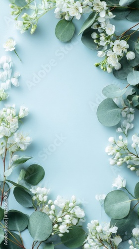 Beautiful Arrangement of White Flowers and Green Leaves on a Soft Blue Backgr...