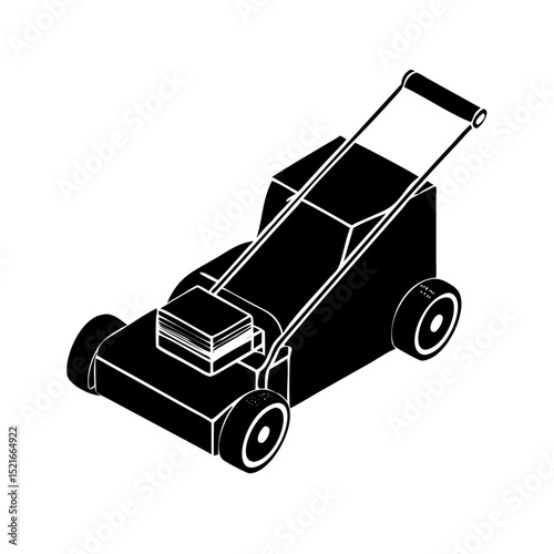 Black and white silhouette of a lawn mower for gardening and landscaping designs
