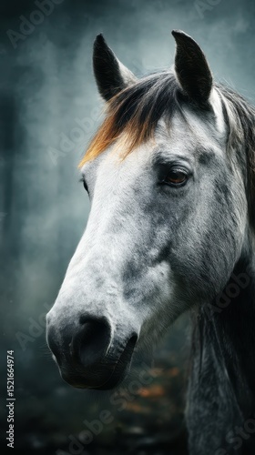 Majestic gray horse gazes intently in a misty forest during the early morning hours of autumn