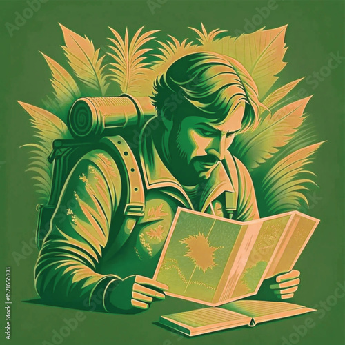 Man studying map while sitting in forest with backpack  